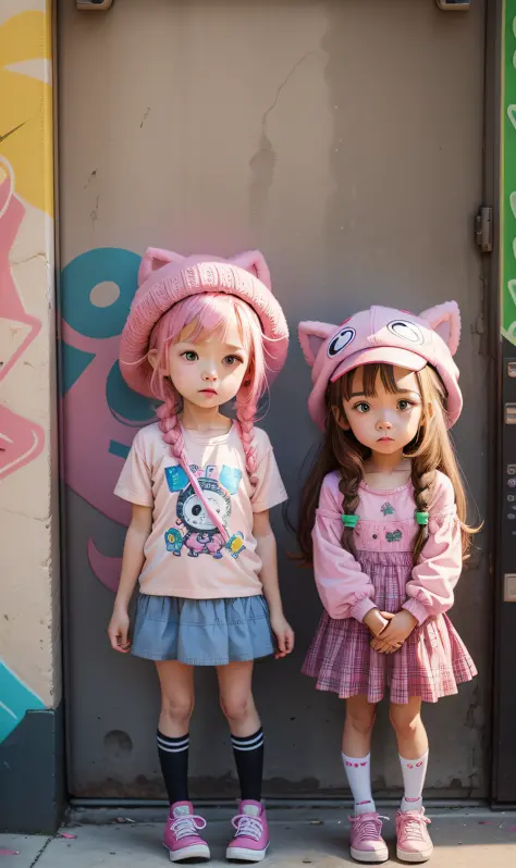 Characters, cartoons, graffiti, little girls, cute, hats, pink tops, pink hats, apples.