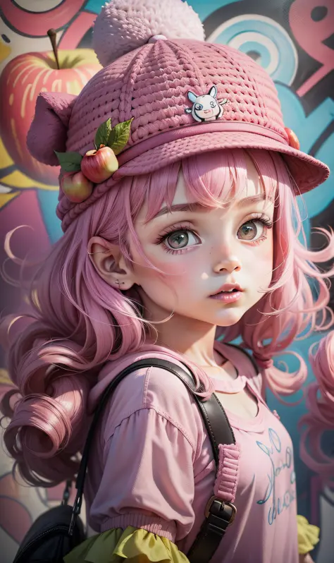Characters, cartoons, graffiti, little girls, cute, hats, pink tops, pink hats, apples.