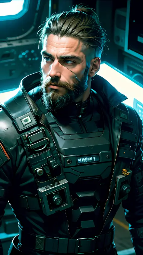 cyberpunk film, raw photo of man with beard, 3/4, soldier, armor, tough guy, chiselled jaw, gigachad, close up, half face, deep night, dark room, hight quaility, detailed skin, clear face, detailed hair, cinema shot, hdr, sharp focus