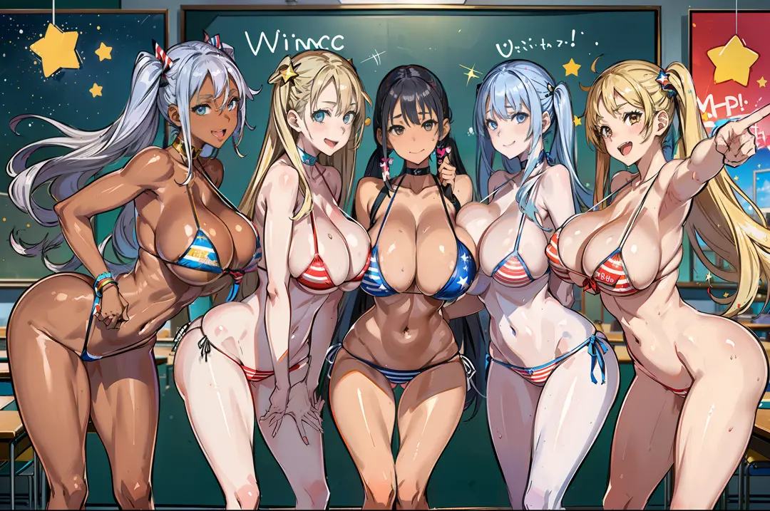 (masterpiece), maximum quality, (Colorful:1.1), (5 girls, group shot:1.4), (slim body:1.1), (huge tits:1.5), (dark skin:1.1), (muscles:1.1), blonde  hair, Silver hair, Twin tails, (leaning forward:1.4), (Open your mouth, happy smile:1.1), (winc:1.4),peace ...