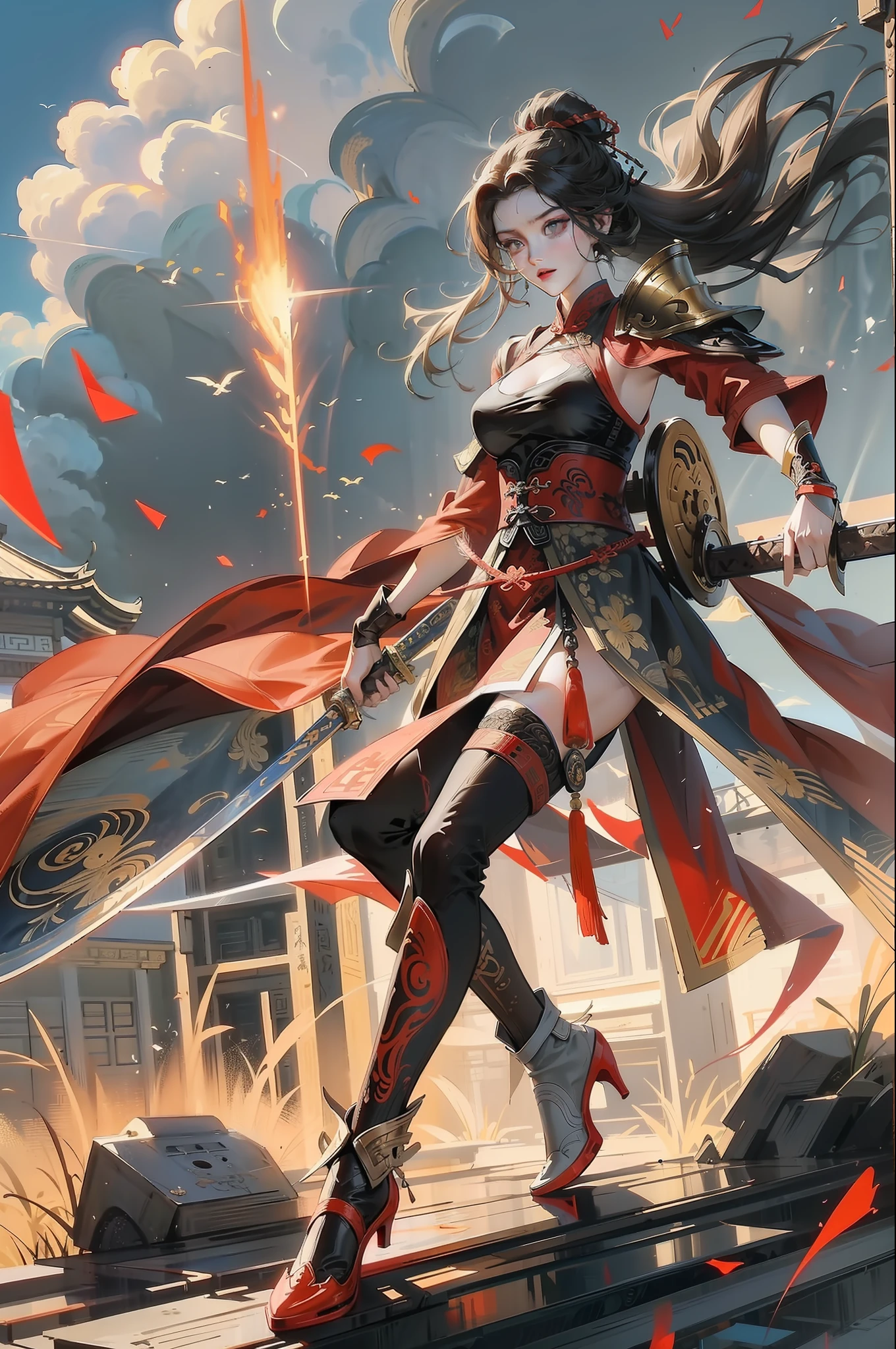 Chinese style, ancient battlefield, an ancient Chinese female general, holding a sword in her hand, grim expression, full body, amazing facial features, red robe, armor, boots, yellow sand in the sky, fleeing crowd, firelight, game model, stunning lighting, C4D, OC rendering, cinematic edge light, delicate light, masterpiece, super detailed, epic composition, super HD, high quality, highest quality, 32k