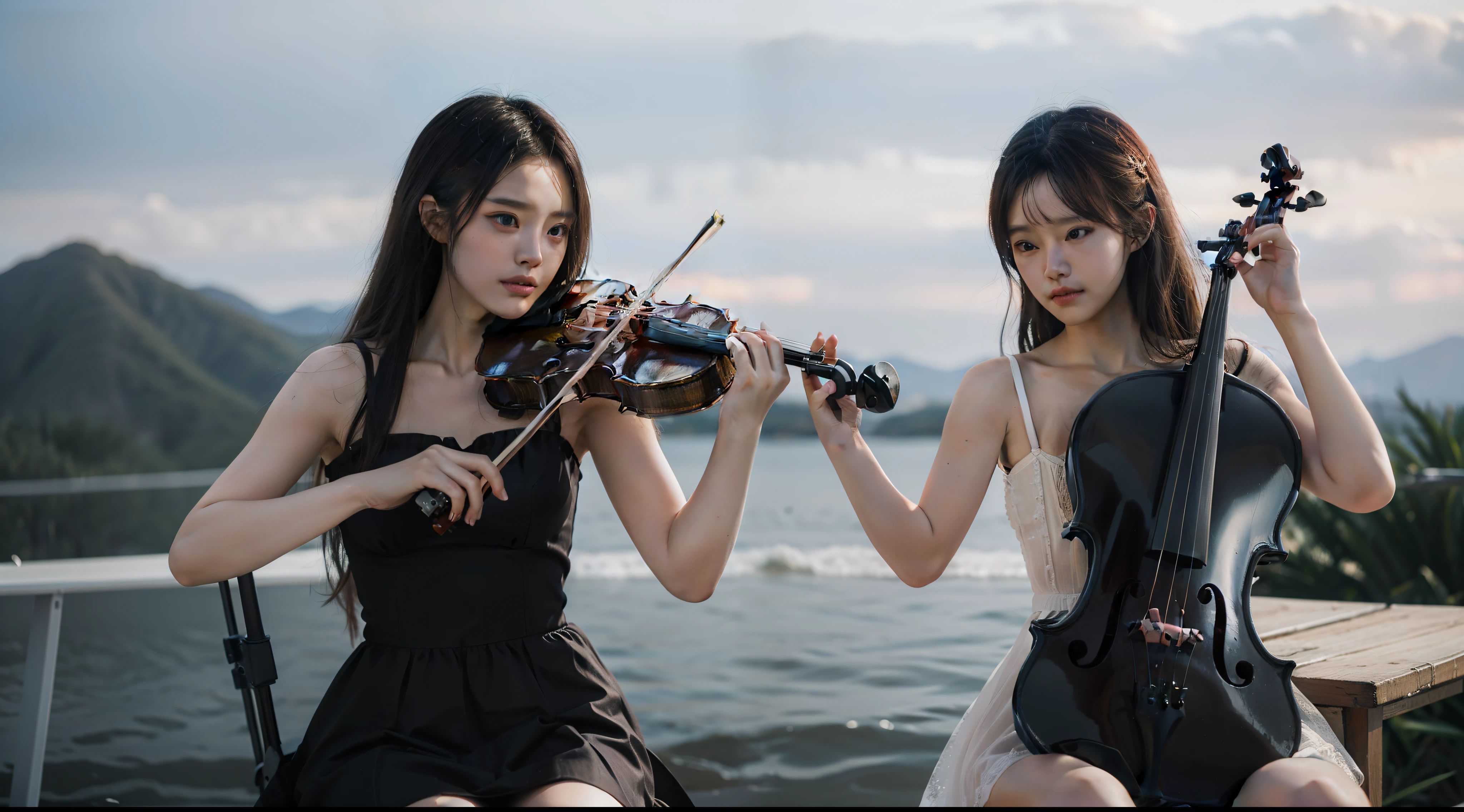 Duas mulheres tocando violino em um cais perto da água - SeaArt AI