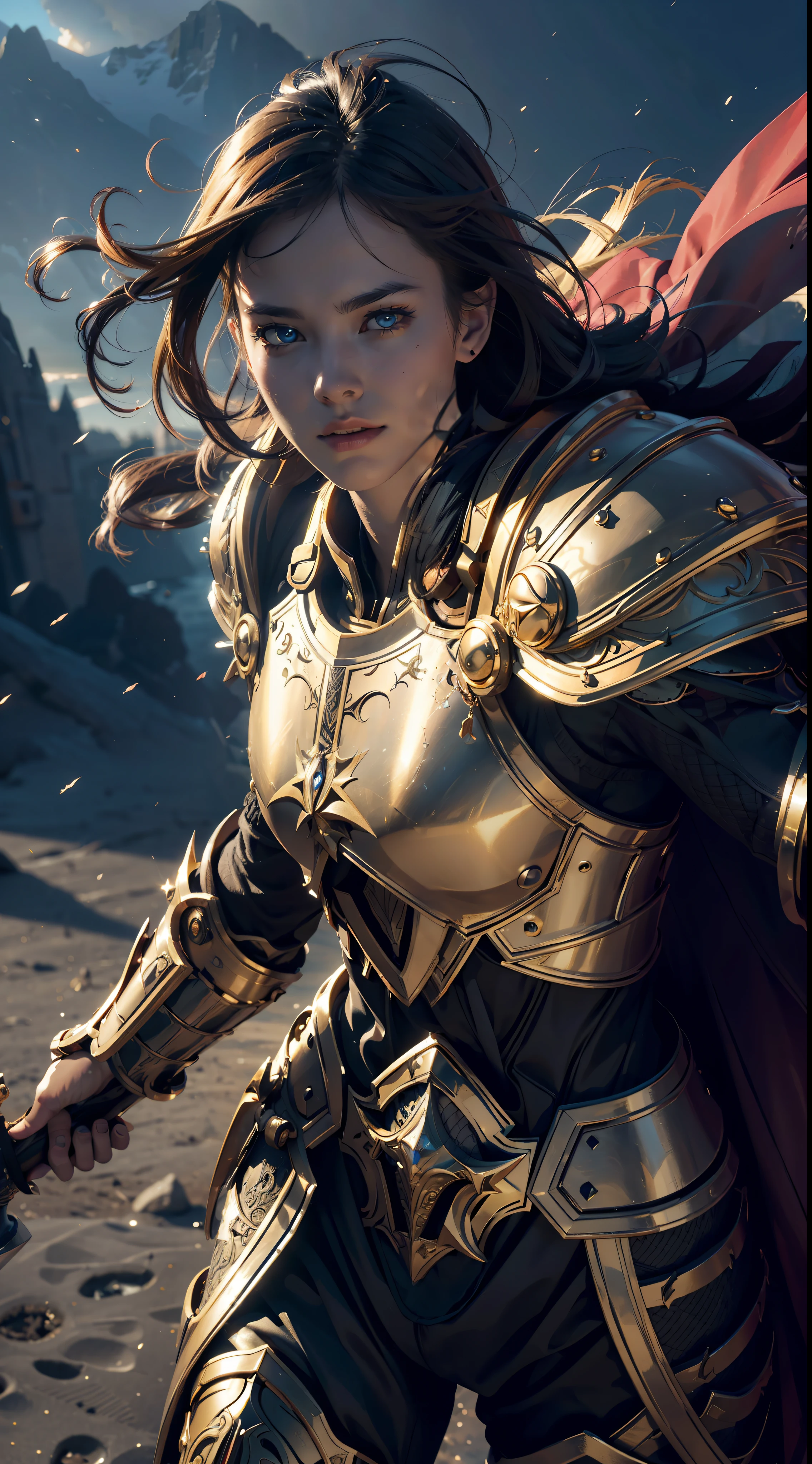 8k,ultra detailed, masterpiece, best quality, (extremely detailed), dynamic angle, Mysterious expression, wind effect, fantasy background, rim lighting, cinematic light, ultra high res, 8k uhd, film grain,best shadow, delicate, RAW, light particles, detailed skin texture, detailed armor texture, detailed face, intricate details, ultra detailed, bright, strong, golden armor, (holding hammer), smashing, smash action, pauldrons, glowing yellow eyes, long cape, fantasy, (realistic), shoulder armor, complex, intricate, perfect lighting, looking at viewer, cinematic lighting, flying in sky,flying, holy light, vivid, bangs, windy, paladin