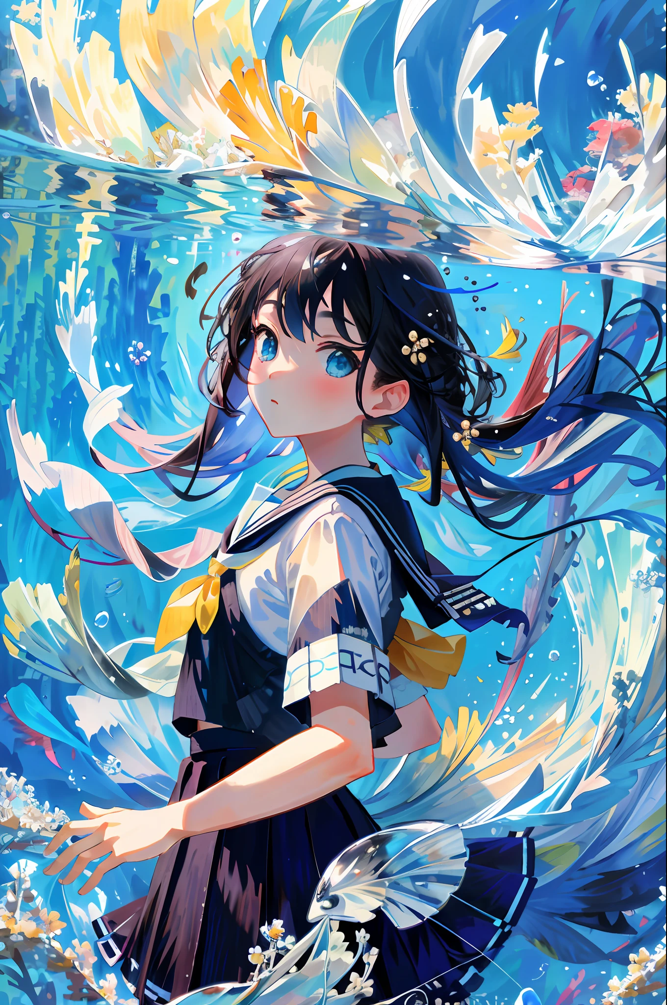 bubble, rating:safe, air_bubble, underwater, 1girl, fish, long_hair, submerged, school_uniform, serafuku, solo, water, skirt, neckerchief, short_sleeves,(Impressionism:1.4),