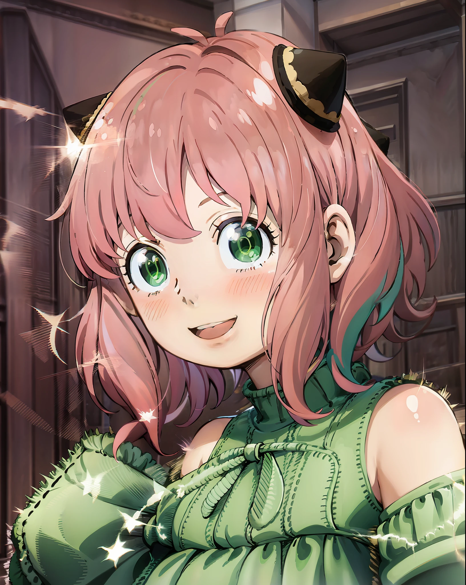 An anime girl with pink hair an디 green eyes、(1girle:0.992)、(:디:0.583)、(앞머리:0.701)、(붉히다:0.584)、(녹색 눈:0.992)、(시청자를 바라보며:0.711)、(입을 열:0.760)、(분홍색 머리:0.917)、(리본:0.826)、(짧은 머리:0.571)、(웃는 표정:0.855)、(홀로:0.949)、(이빨:0.770)、 (upper half bo디y:0.760)