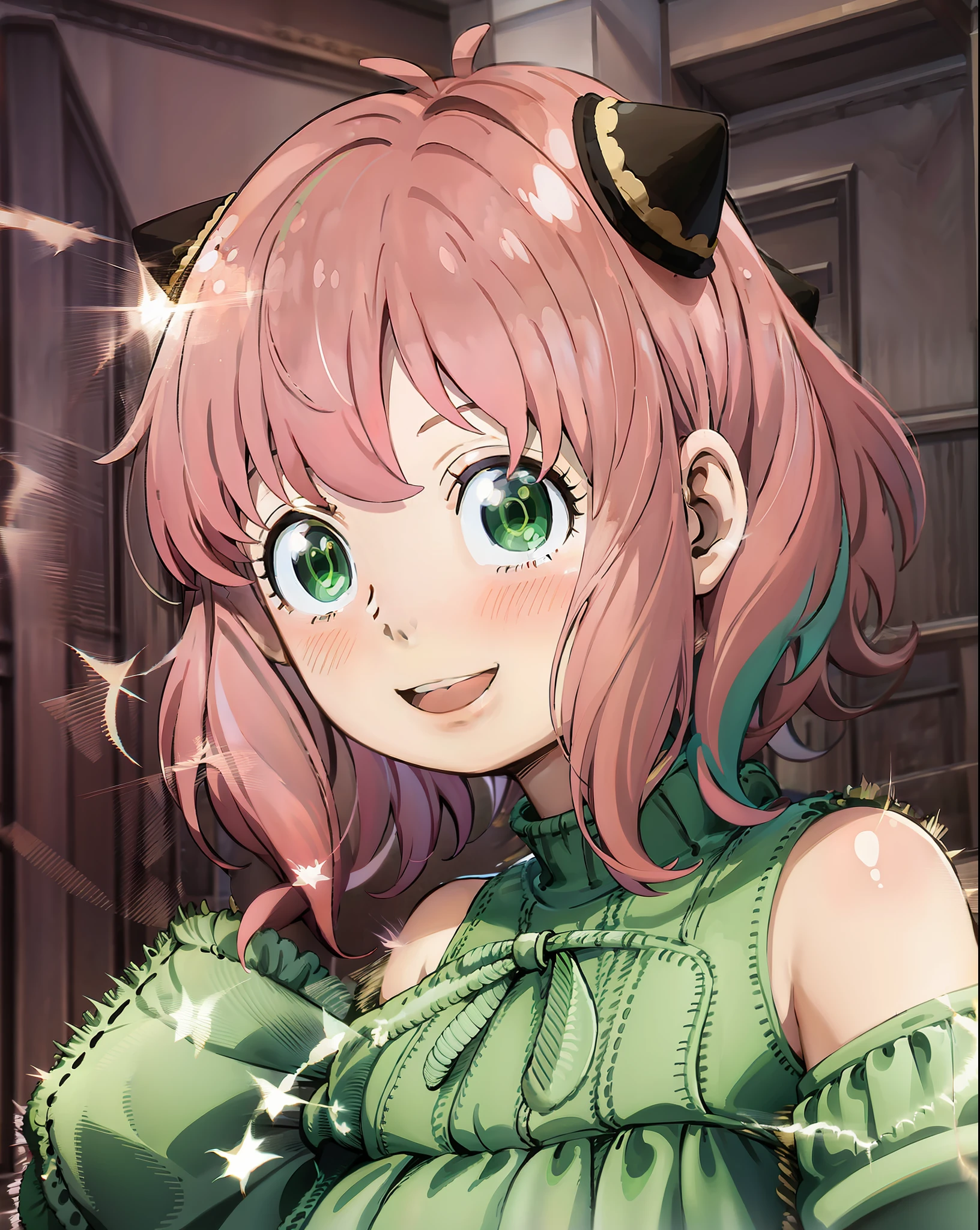 Une anime girl aux cheveux roses et aux yeux verts、(1fille:0.992)、(:d:0.583)、(frange:0.701)、(Rougir:0.584)、(yeux verts:0.992)、(regarder les spectateurs:0.711)、(Ouvrez la bouche:0.760)、(cheveux roses:0.917)、(ruban:0.826)、(cheveux courts:0.571)、(un regard souriant:0.855)、(seulement:0.949)、(dent:0.770)、 (moitié supérieure du corps:0.760)