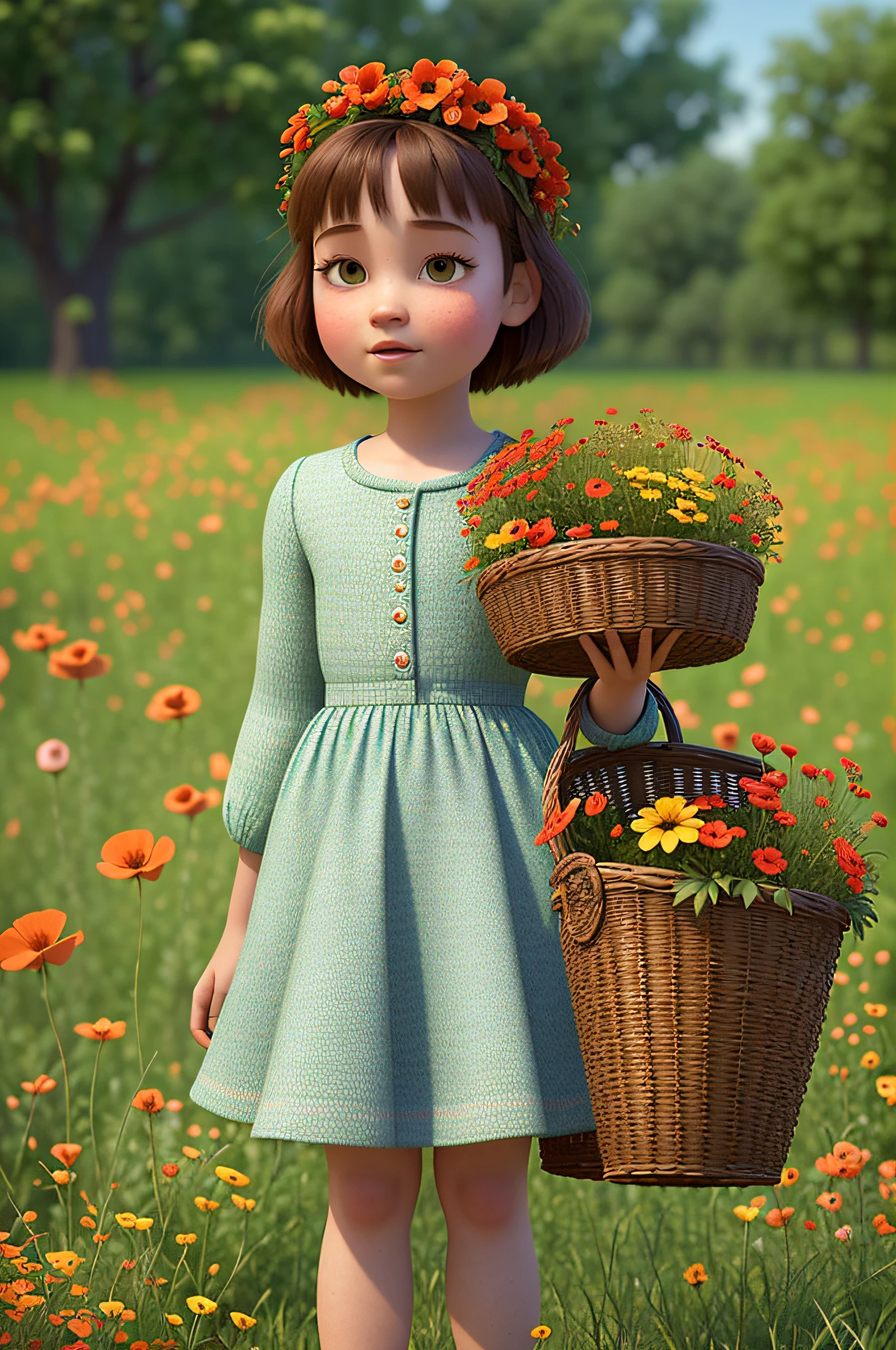 (estilo pixar:1.25) un retrato hasta la cintura de un con una cesta de flores, cubierto de flores de amapola, textura natural de la piel, texturas 4k, HDR, Intrincado, muy detallado, enfoque nítido, aspecto cinematográfico, hiperdetallado