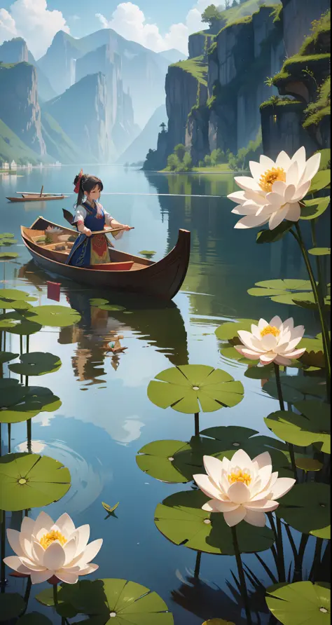 best picture quality，Hyper-Detailed，Masterpiece level，Exquisite details，High resolution 8k wallpaper，Dragon Boat Festival，rice dumpling，artistic conception，lotus，water bloom，Depicting a scene of a dragon boat，There are many vistas，Traditional costumes are ...