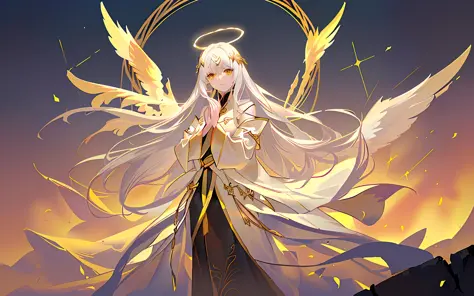 best，a masterpiece），（1girl，solo，Gold-patterned robes，Stand，Look ahead，The aura of the halo，golden wings，Put your hands together，...