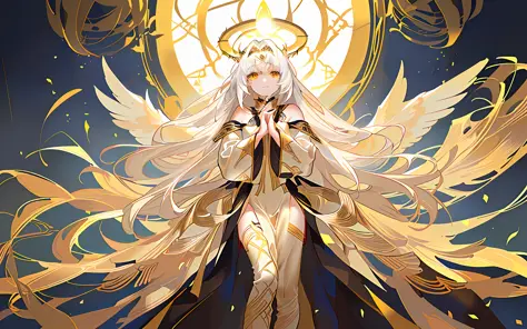 best，a masterpiece），（1girl，solo，Gold-patterned robes，Stand，Look ahead，The aura of the halo，golden wings，Put your hands together，White hair，Yellow eyes，Closed Mouth，upper half body） ，（cloudless sky，smoke，Beam，Abandoned temple background）