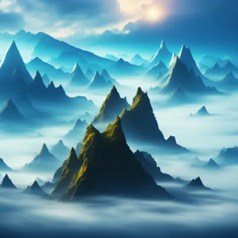 (ultra-detailed hyper-realistic abstract landscape of floating flying mountains:1.3),(fantasy inspired),(foggy atmosphere),(dyna...