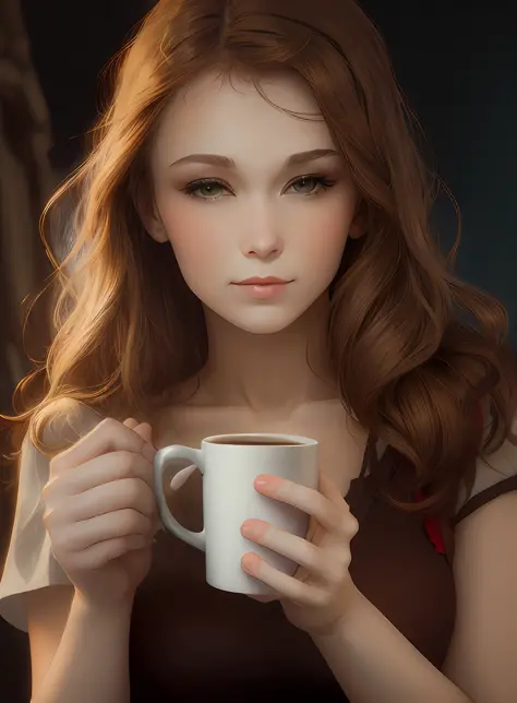 Fair-skinned woman gently holding a coffee cup with both hands