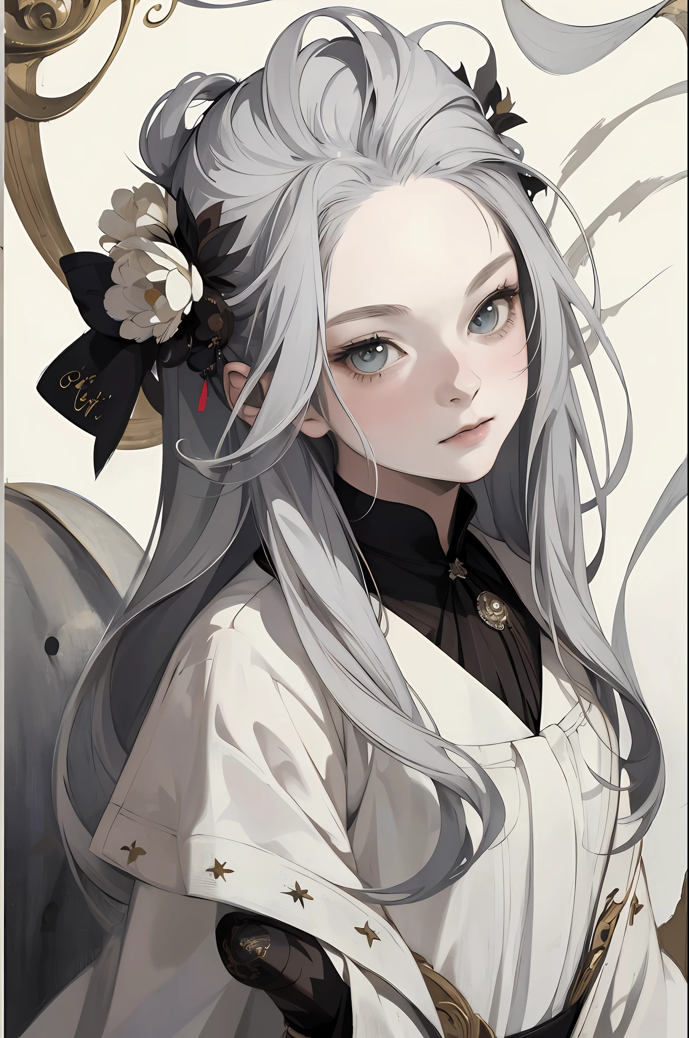realistic, (best quality, masterpiece:1.3),1girl, solo,Design an image featuring beautiful calligraphy, with expressive lettering, elegant flourishes, and a sense of craftsmanship and skill.
silver hair,bright pupils, long hair, expressionless,