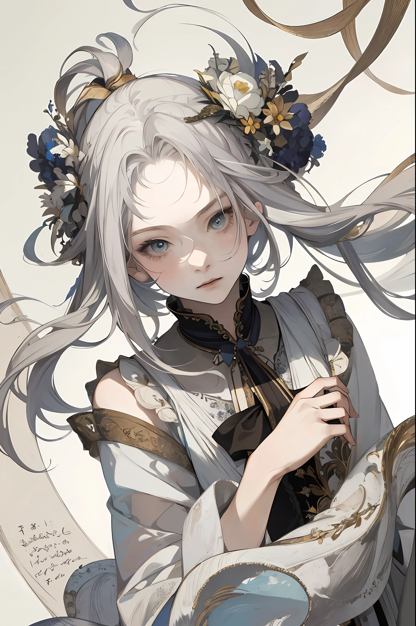 realistic, (best quality, masterpiece:1.3),1girl, solo,Design an image featuring beautiful calligraphy, with expressive lettering, elegant flourishes, and a sense of craftsmanship and skill.
silver hair,bright pupils, long hair, expressionless,