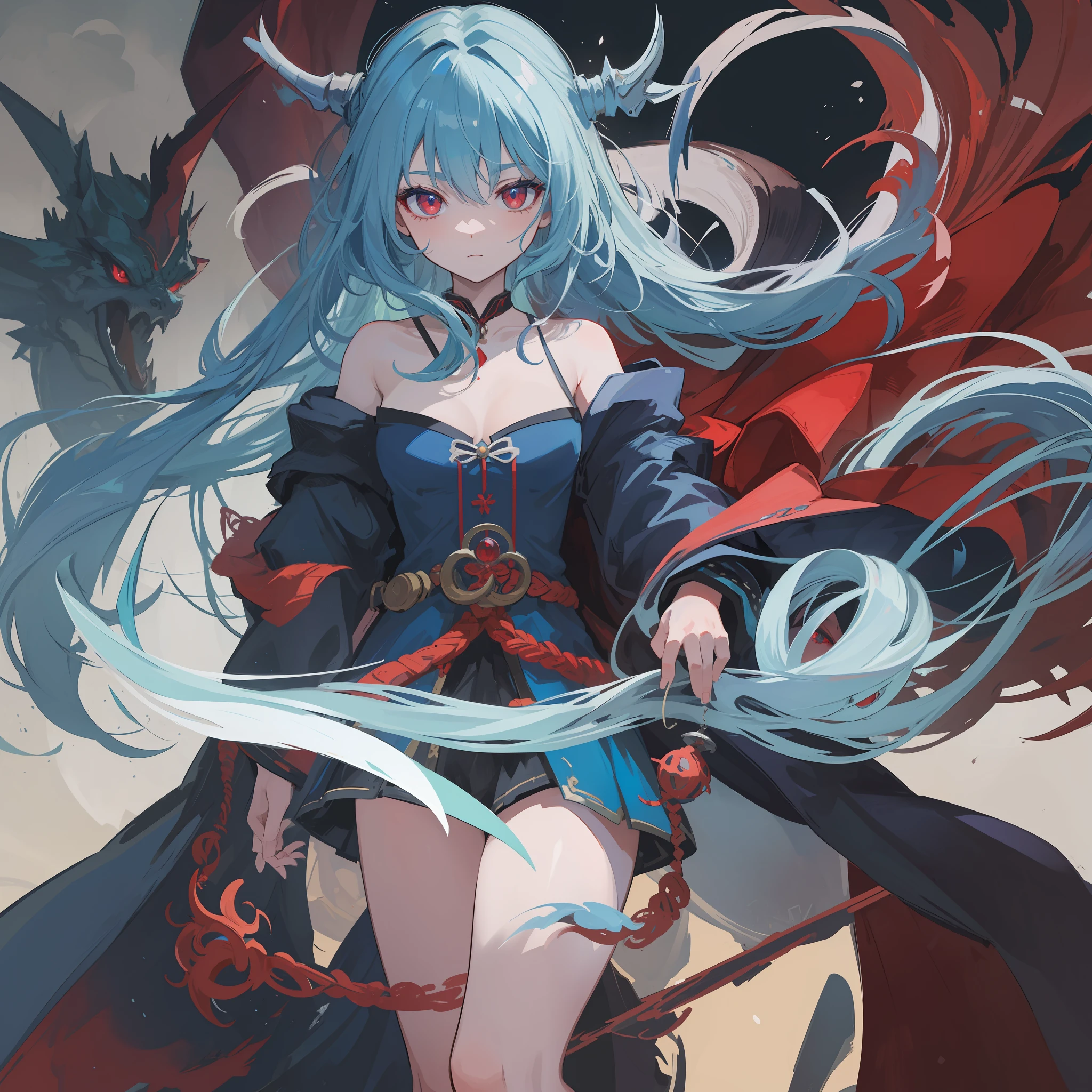 A blue flowing hair girl, red eyes, have dragon horn and dragon sharp pupils, wear alchemist robe.