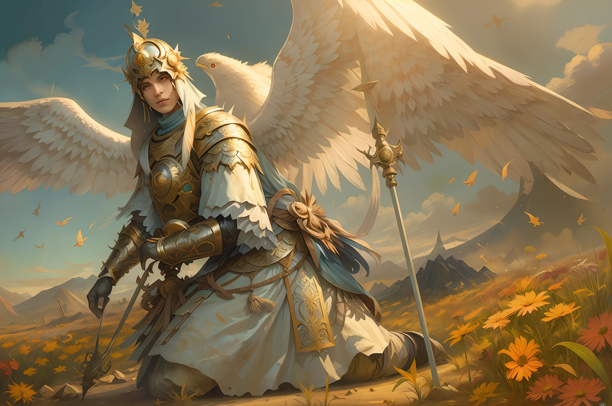 a winged man kneeling in a field of flowers, angelarium, holy paladin, mohrbacher, Direction: Cynthia Sheppard, Pedro mohrbacher Donato Giancola, magic the gathering card art, WLOP e RHADS, Pedro mohrbacher C 2 0, magic the gathering concept art, angel, Fantasy Card Game Art