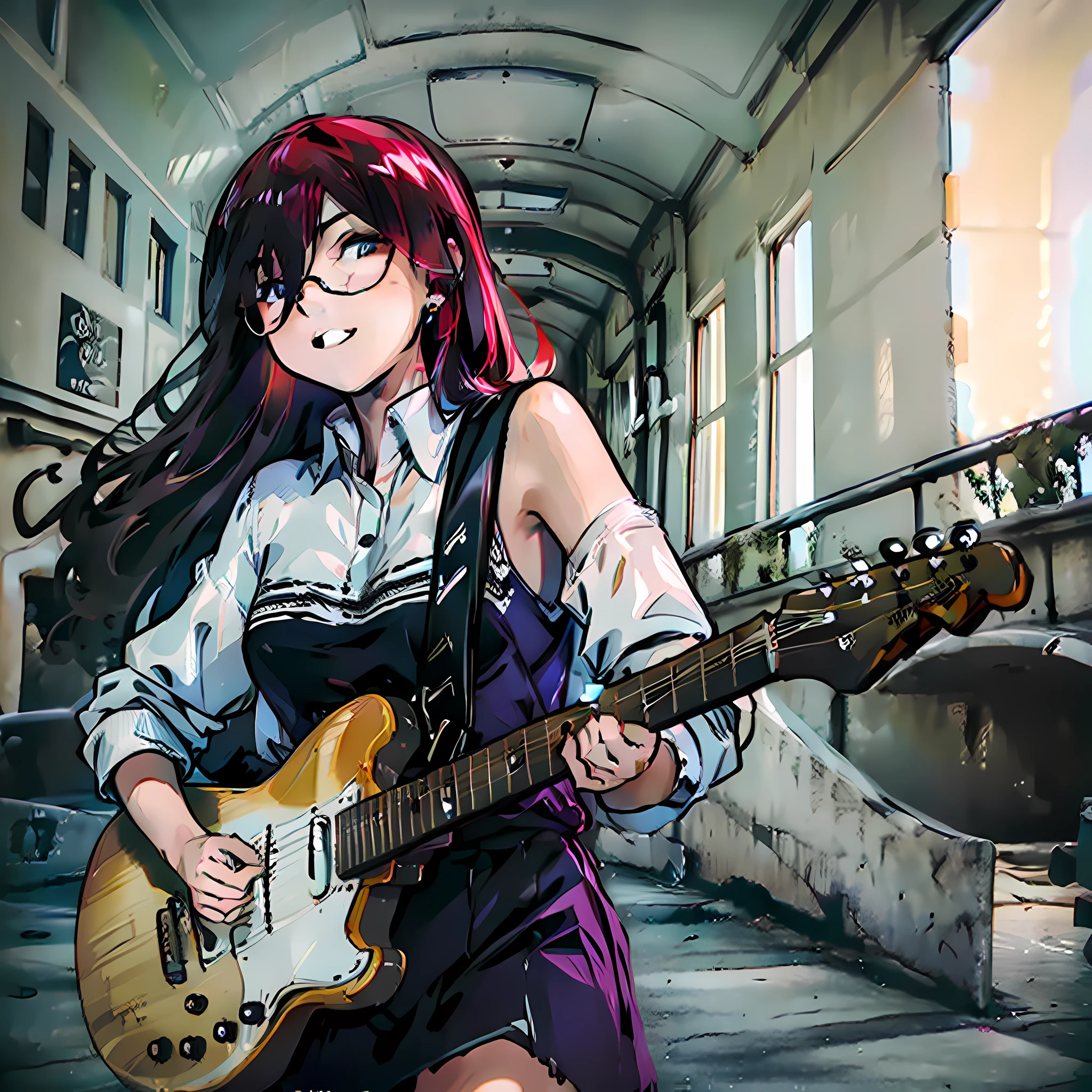 (masterpiece), (best quality), (ultra-detailed), Girl, superstar, rage, playing guitar, long red hair, blue eyes, Sunglasses