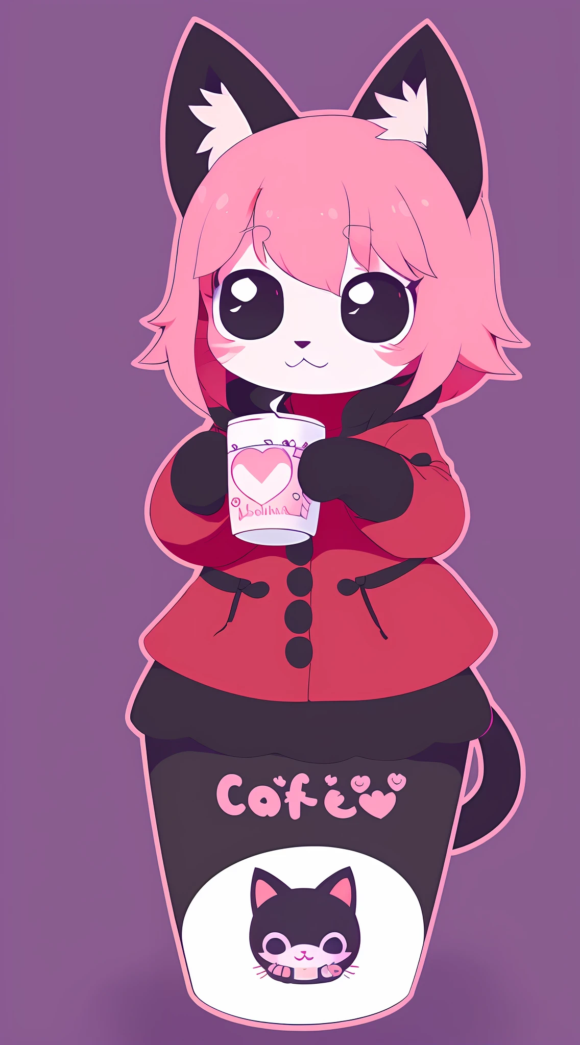 Anime girl with pink hair and black cat ears holding a cup of coffee -  SeaArt AI