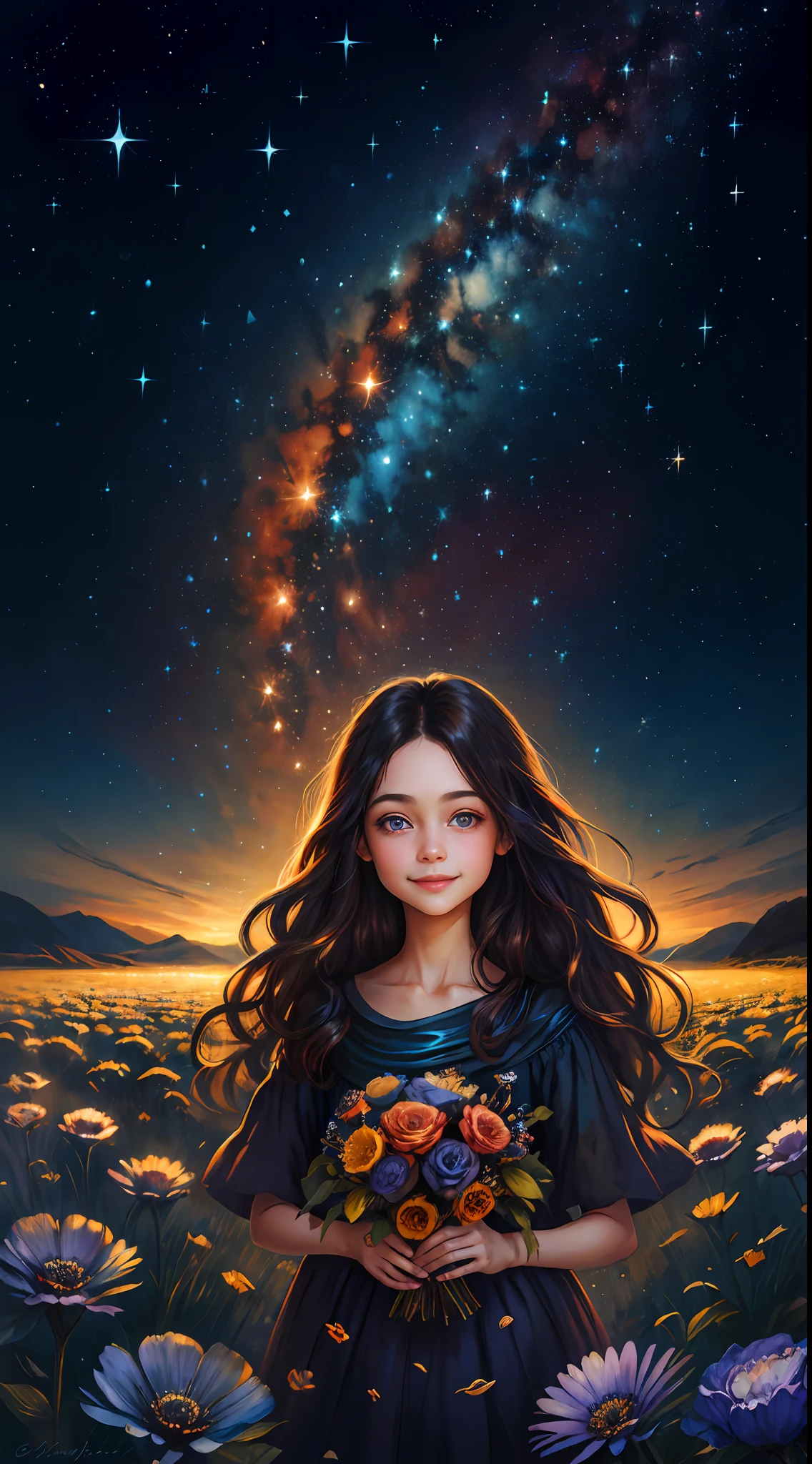 medio retrato, mejor calidad, Obra maestra, resolución ultra alta, (foto realista: 2.5), surrealism, de ensueño,
1 niña sonriendo, Cabello largo negro ondulado, ojos azules brillantes, cielo estrellado, noche, Estrellas, galaxia, Campo de flores