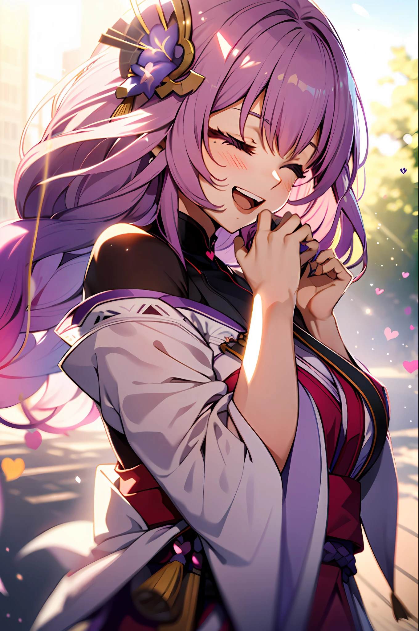 an girl, upper body, (sunglasses:1.1), (huge Laughing:1.1), (open mouth:1.1), closed eyes, sun glare, bokeh, depth of field, blurry background, light particles, strong wind, (heart particles:1.2), yae miko, pink hair, purple eyes