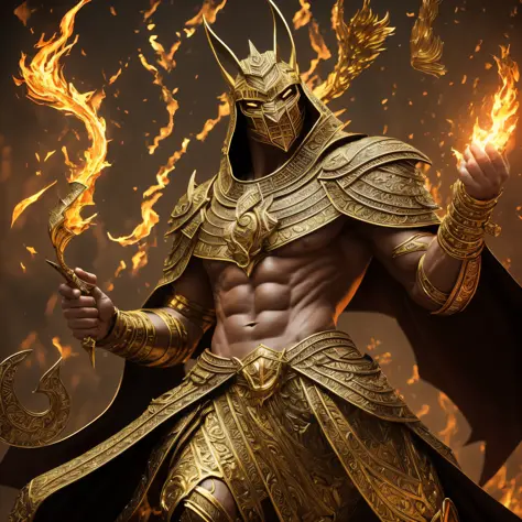 (high-quality), photorealistic, (oil painting) jewellery, (solo), (Dynamic posture), Right, ((The gates of hell)), Fire, Hellscape, (Underworld), (Dark landscape), Anubis, Egyptian god with the head of a jackal, anthro, muscular, (Holding gold scales), Dyn...