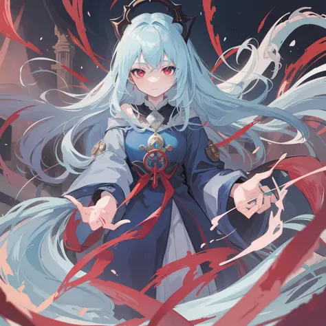 a blue flowing hair girl, red eyes, have dragon horn and deadly dragon white sharp pupils, wear alchemist robe.