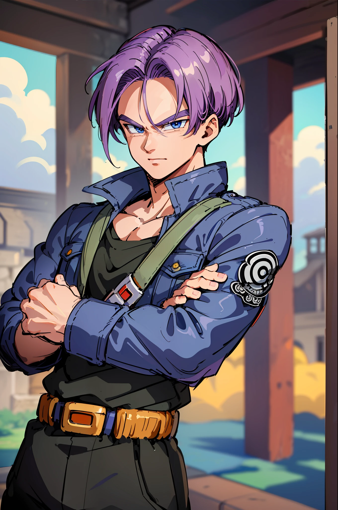 ((highest quality, masterpiece, 4k, finely detailed, detailed eyes, detailed face, intricate details)), ((solo)), male focus, 1boy, trunks \(dragon ball\), smirking, closed mouth, looking at viewer, crossed arms, purple hair, blue eyes, jacket, shirt, pants, sword