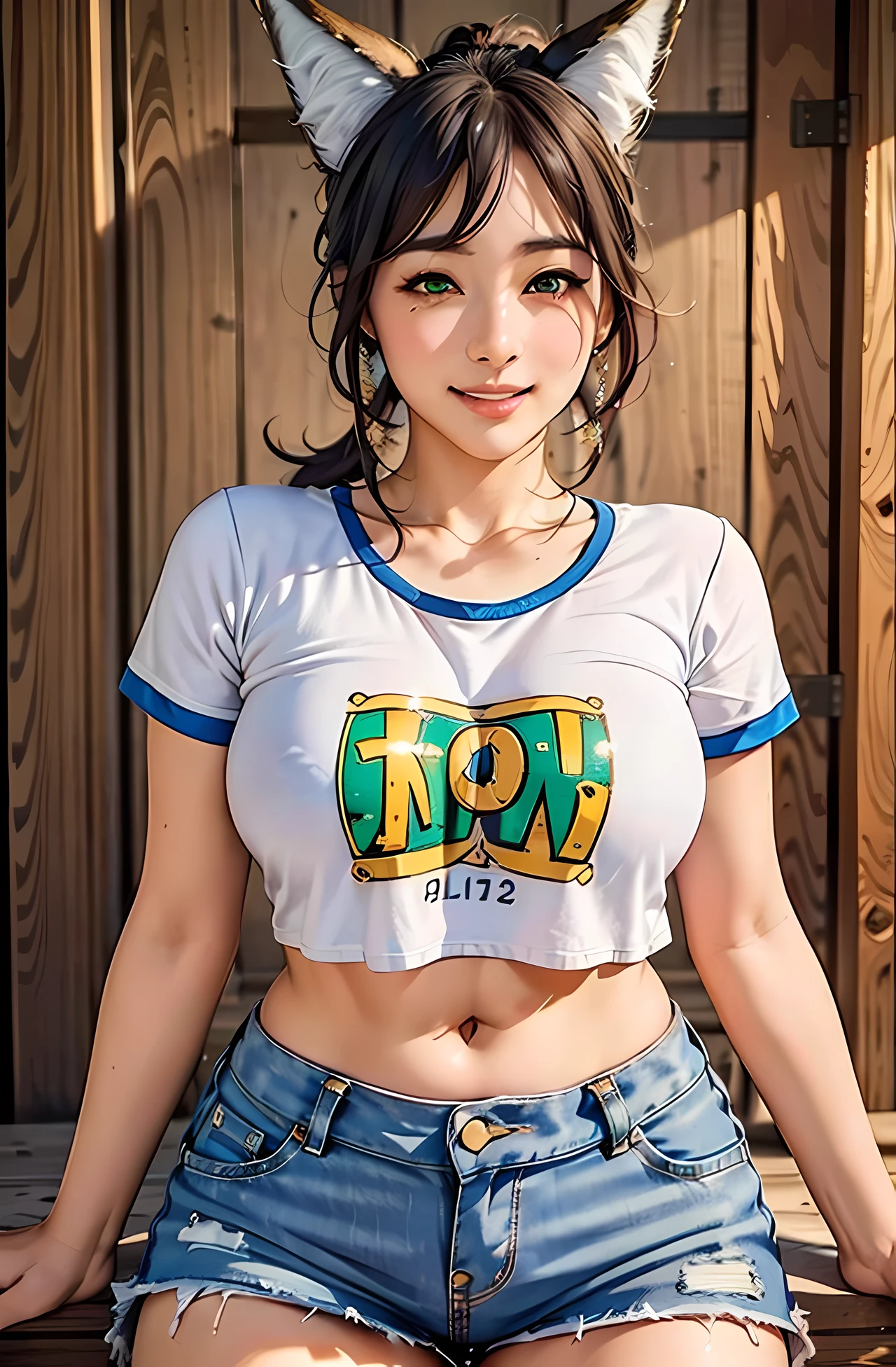 (masterpiece, top quality, best quality, official art, beautiful and aesthetic:1.2), ultra realistic, 32k, extremely detailed CG unity 8k wallpaper, detailed background, (cowboy_shot:1.2), (thick lips), (lip expansion), (makeup), 
1girl, tingyun, green eyes, ponytail, hair ornament, white collar, (fox ears:1.3), seductive smile, (cameltoe:1.2, short denim:1.4, cropped t-shirt)