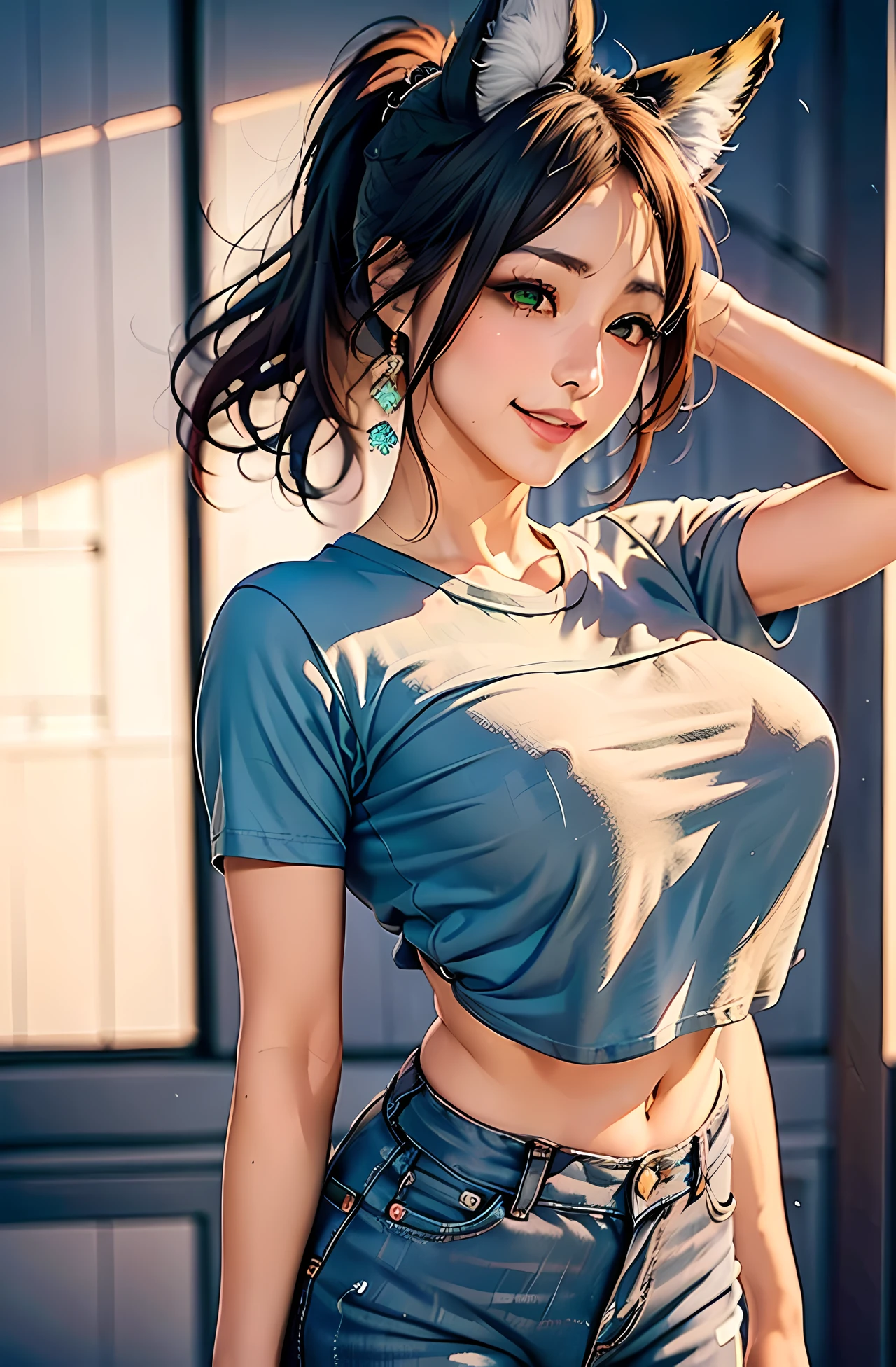 (masterpiece, top quality, best quality, official art, beautiful and aesthetic:1.2), ultra realistic, 32k, extremely detailed CG unity 8k wallpaper, detailed background, (cowboy_shot:1.2), (thick lips), (lip expansion), (makeup), 
1girl, tingyun, green eyes, ponytail, hair ornament, white collar, (fox ears:1.3, fot tail:1.2), seductive smile, (cameltoe:1.2, short denim:1.4, cropped t-shirt)