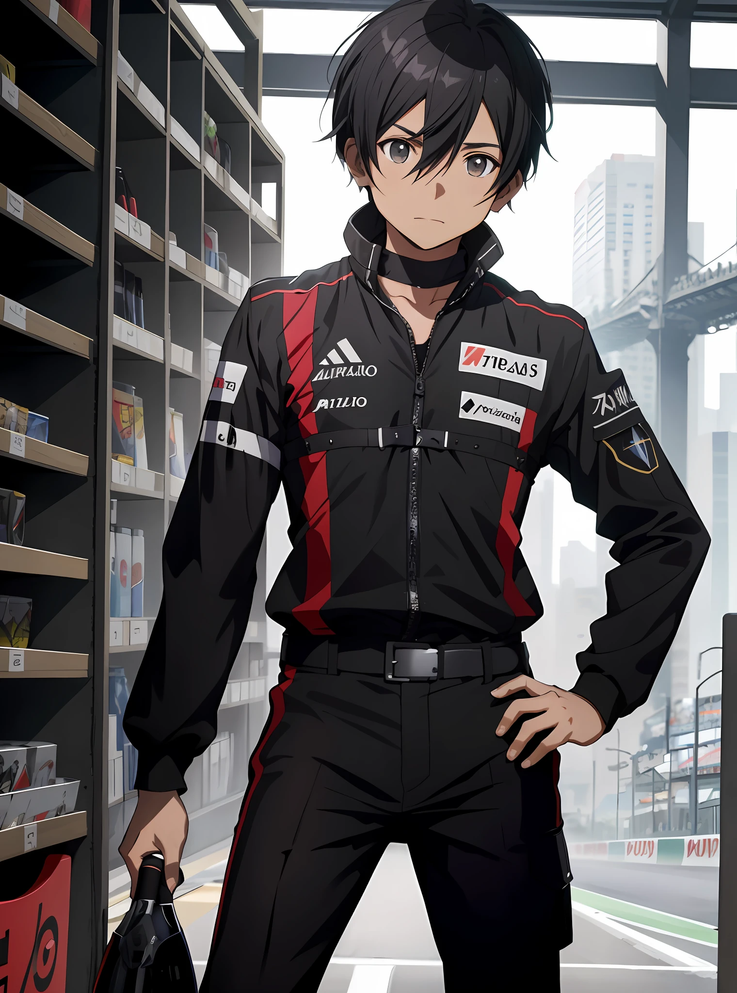 Kirito (SAO), absurdos, Altas, ultra detalhados, Traje de piloto de corrida, (naipe-vermelho-negro), Formula 1, GT Corrida, realista, visual impressionante, Circuito NewYork, dia, detalhes do rosto