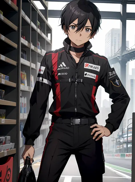 Kirito (SAO), absurdos, Altas, ultra detalhados, Traje de piloto de corrida, (naipe-vermelho-negro), Formula 1, GT Corrida, real...