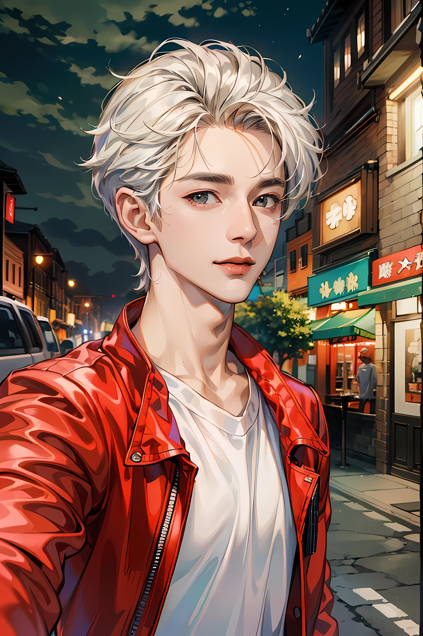 (absurdres, highres, ultra detailed, HDR), masterpiece, best quality, 1boy, handsome, short hair, finely eye and detailed face, (white t-shirt), (red jacket), dimple, night street, night city, midnight, selfie shot, light smile