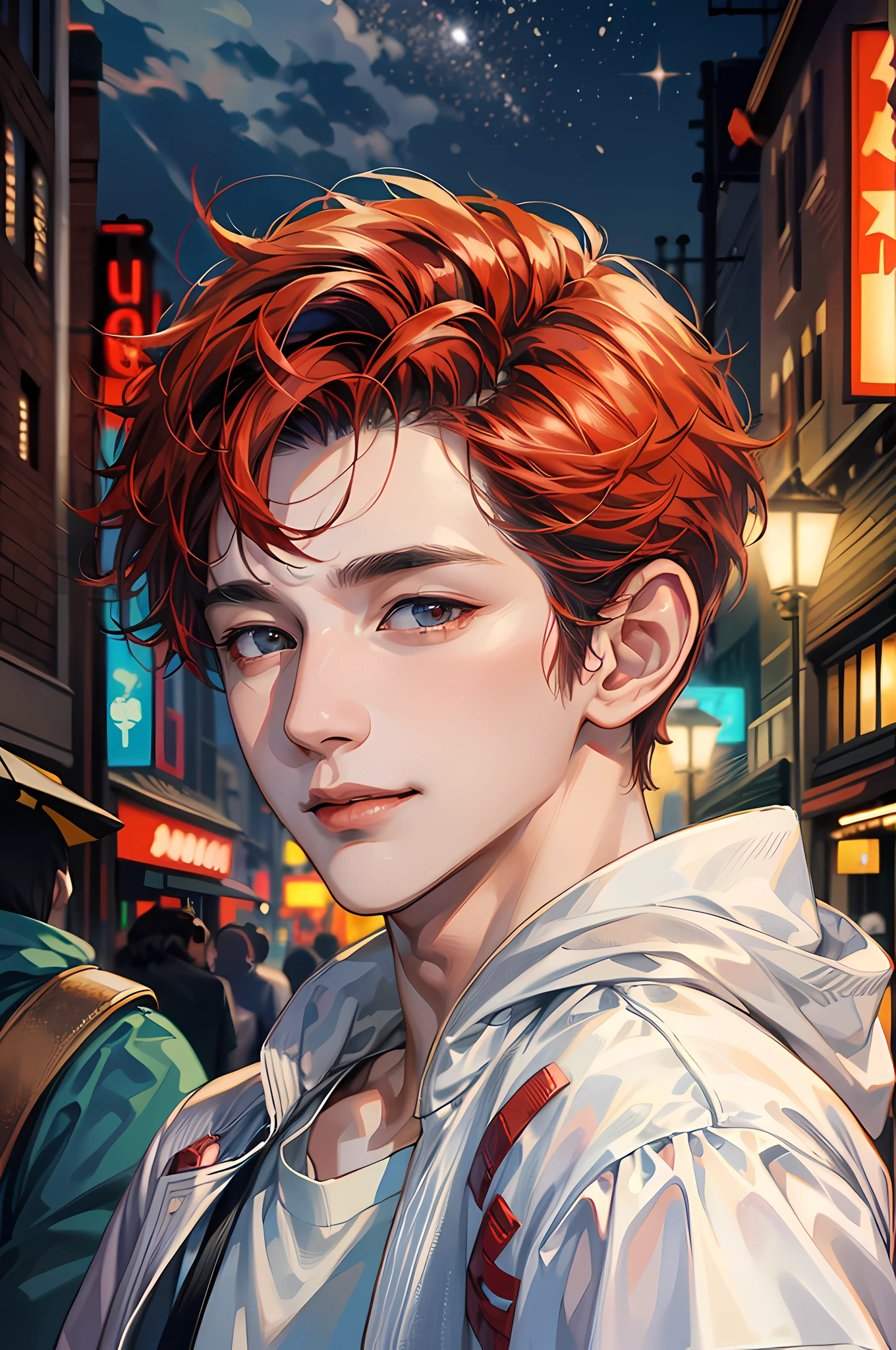 (absurdres, highres, ultra detailed, HDR), masterpiece, best quality, 1boy, handsome, short hair, finely eye and detailed face, (white t-shirt), (red jacket), dimple, night street, night city, midnight, selfie shot, light smile