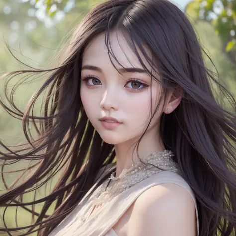 Scantily、lifelike、Like the photo、Asian Beauty Woman、30 year old、Not looking at the camera、Hair fluttering in the wind、dark black hair、A beautiful、gentle、Natural body