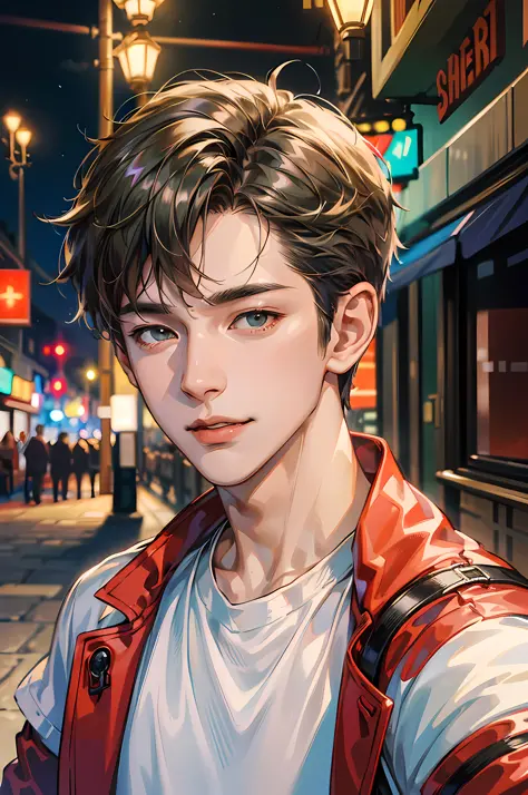 (absurdres, highres, ultra detailed, HDR), masterpiece, best quality, 1boy, handsome, short hair, finely eye and detailed face, (white t-shirt), (red jacket), dimple, night street, night city, midnight, selfie shot, light smile