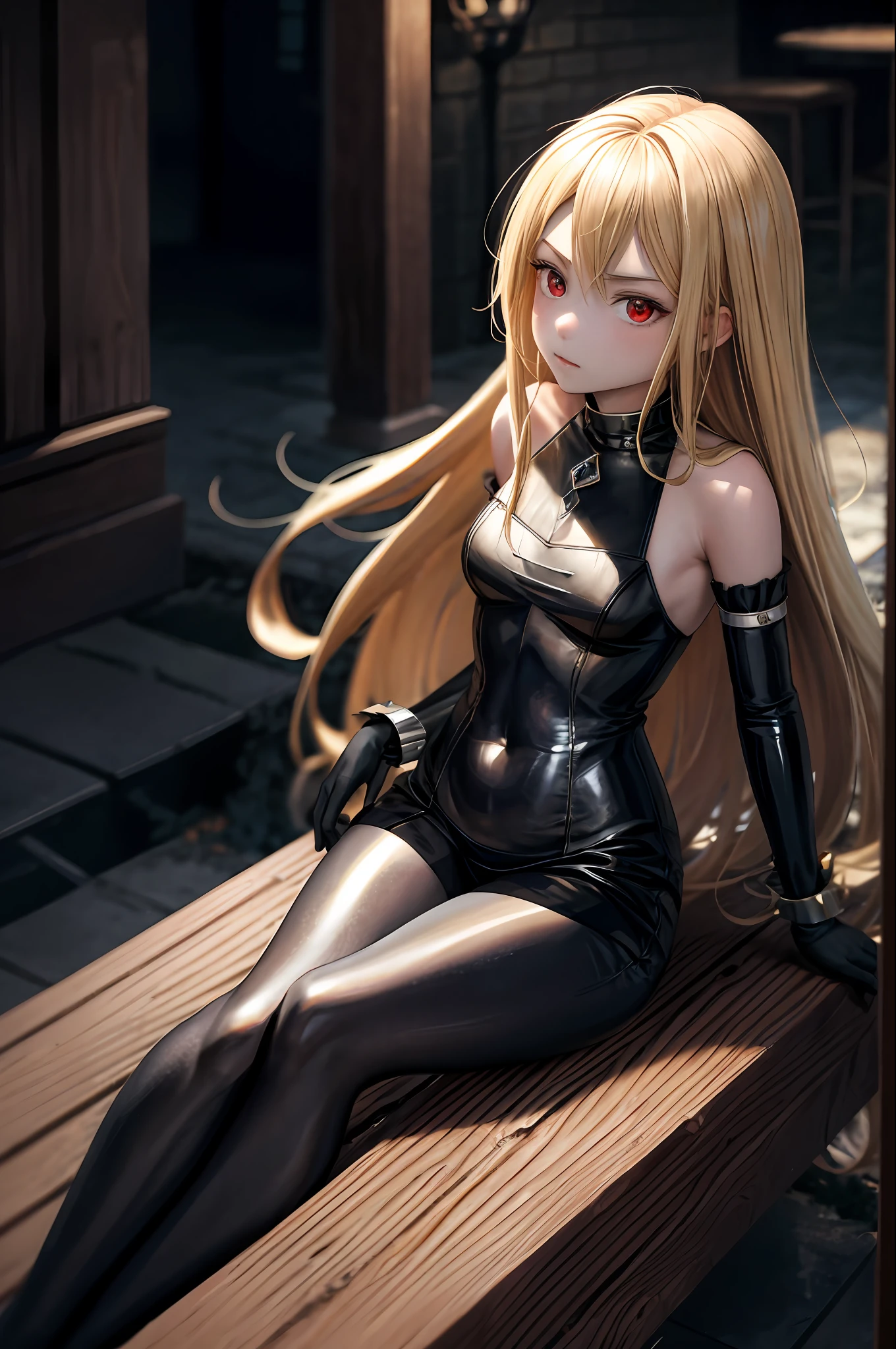 Anime girl in latex sitting on a bench with a sword - SeaArt AI