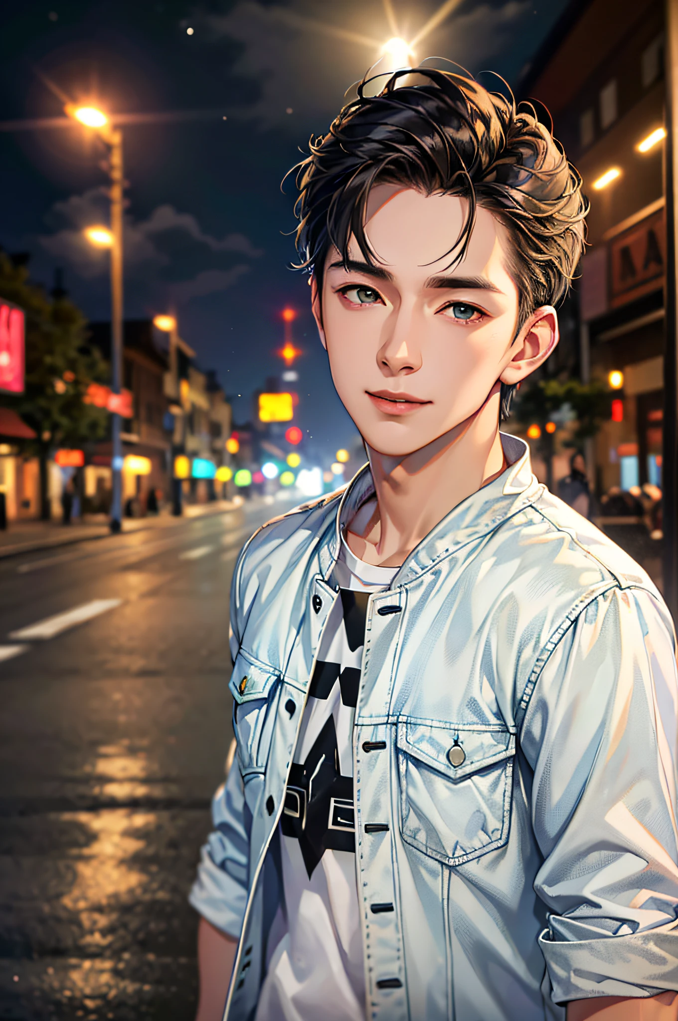 (absurdres, highres, ultra detailed, HDR), masterpiece, best quality, 1boy, handsome, short hair, finely eye and detailed face, (white t-shirt), (jean jacket), dimple, forehead, night street, night city, midnight, selfie shot, light smile