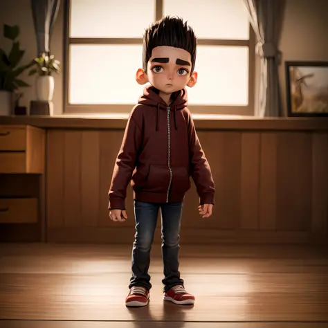 ((masterpiece, best quality)),(complex lighting),1boy,solo, full body, norman, child,thick eyebrows, hoodie
