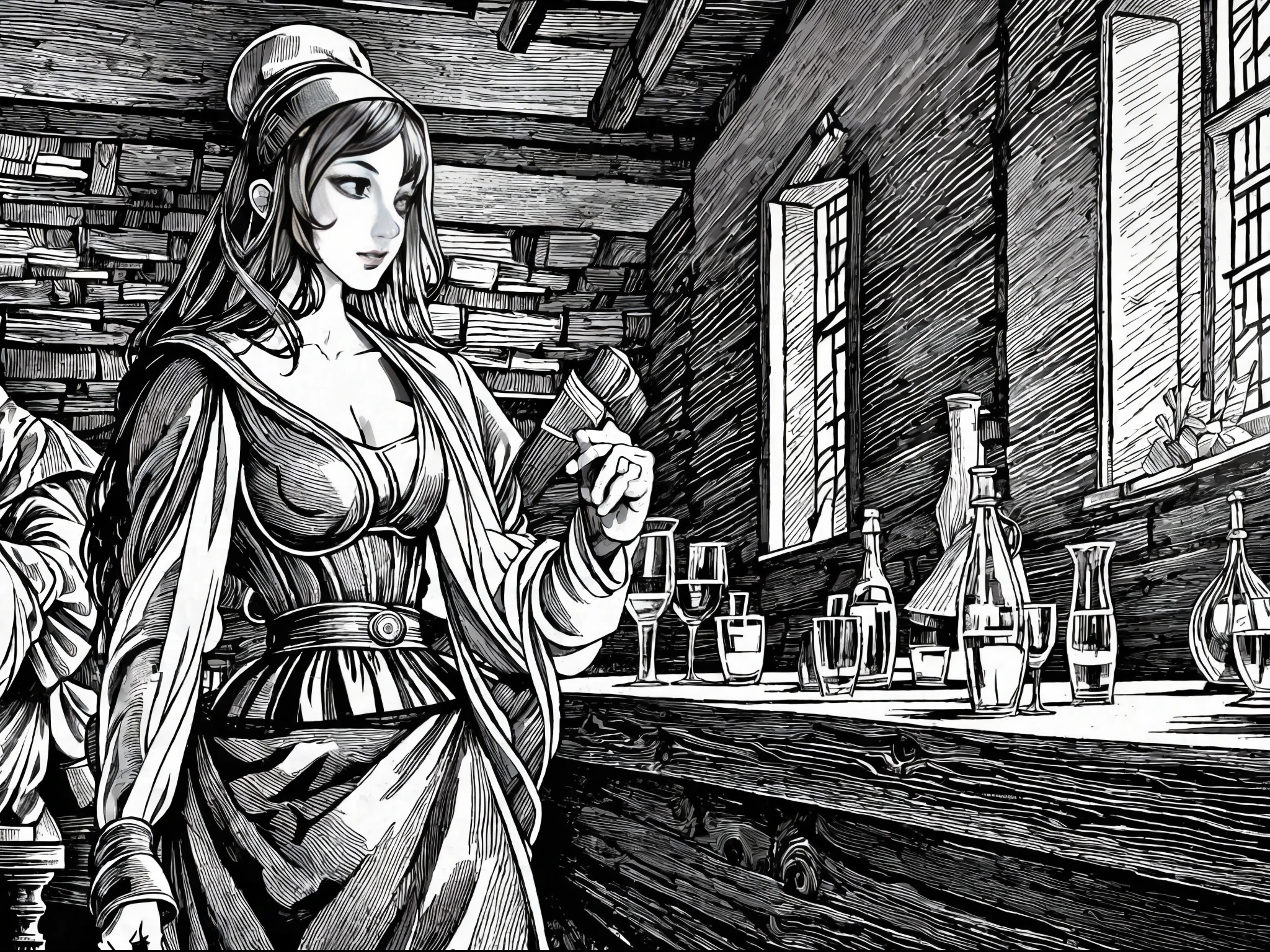 b/w line art illustration, Extremely fine lines，Inside an old tavern in medieval England，Gilliae/w line art style, Little beautiful tavern girl，Giant breasts, narrow waist, medieval long dress，Half chest exposed，Holding a wooden wine glass and laughing with a group of male guests，Candle light and shadow，Cinematic lighting，Soft focus effect，Detailed and complex background， Baroque style，Renaissance art ，realistic, Track focus，Fill light， Welcoming atmosphere，Place is dirty，confusion，