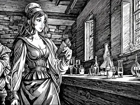 b/w line art illustration, Extremely fine lines，Inside an old tavern in medieval England，Gilliae/w line art style, Little beautiful tavern girl，Giant breasts, narrow waist, medieval long dress，Half chest exposed，Holding a wooden wine glass and laughing wit...