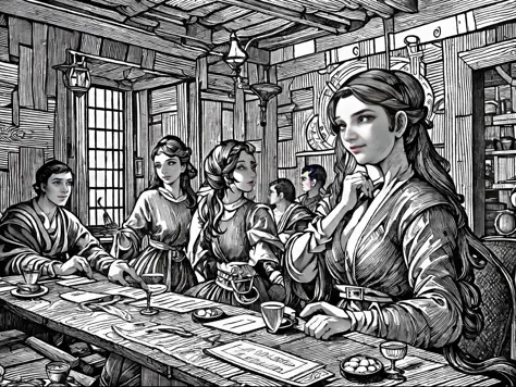 b/w line art illustration, Extremely fine lines，Inside an old tavern in medieval England，Gilliae/w line art style, Little beautiful tavern girl，Giant breasts, narrow waist, medieval long dress，Half chest exposed，Holding a wooden wine glass and laughing wit...