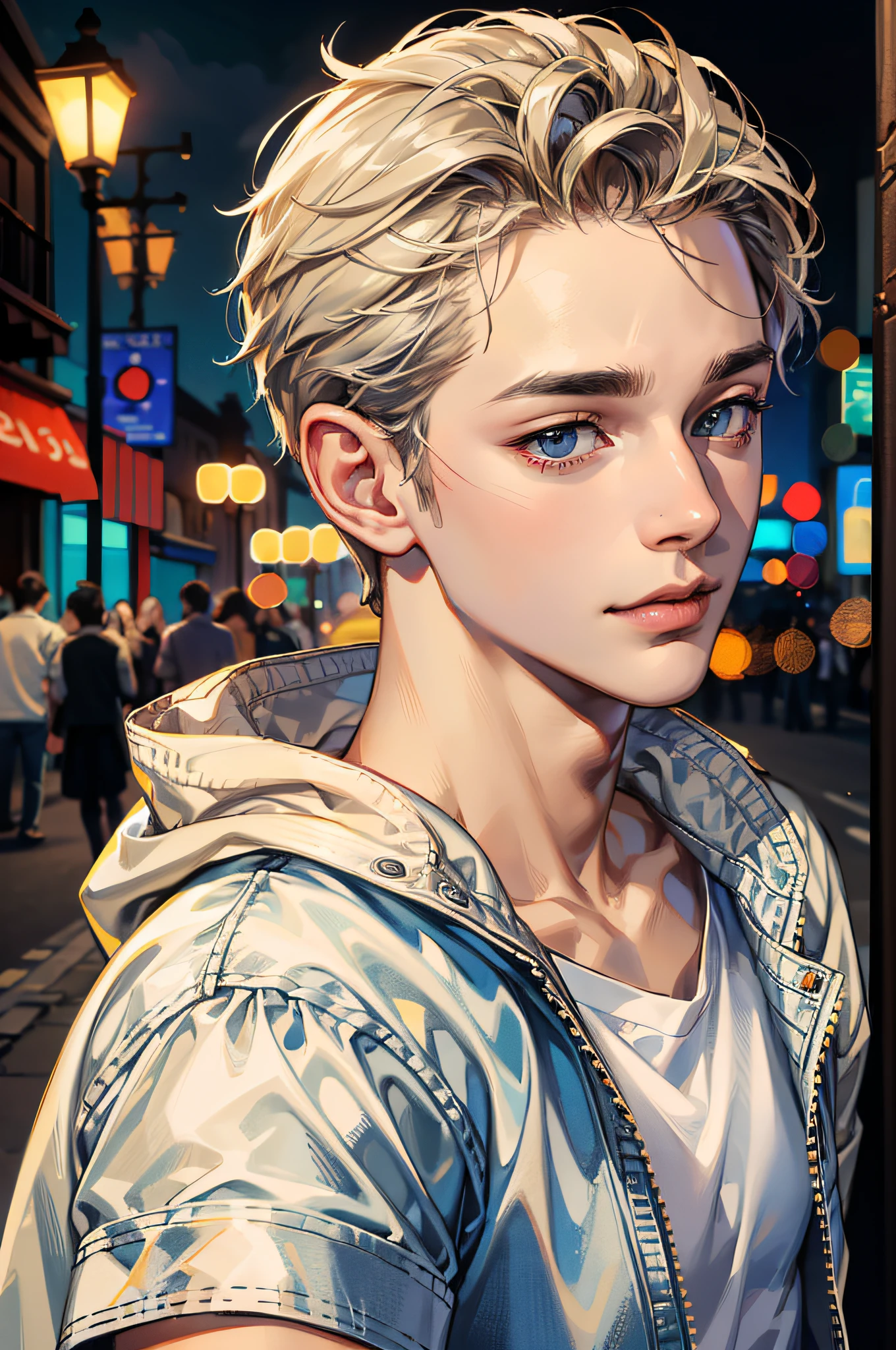 (absurdres, highres, ultra detailed, HDR), masterpiece, best quality, 1boy, handsome, short hair, finely eye and detailed face, (white t-shirt), (jean jacket), dimple, forehead, night street, night city, midnight, selfie shot, light smile