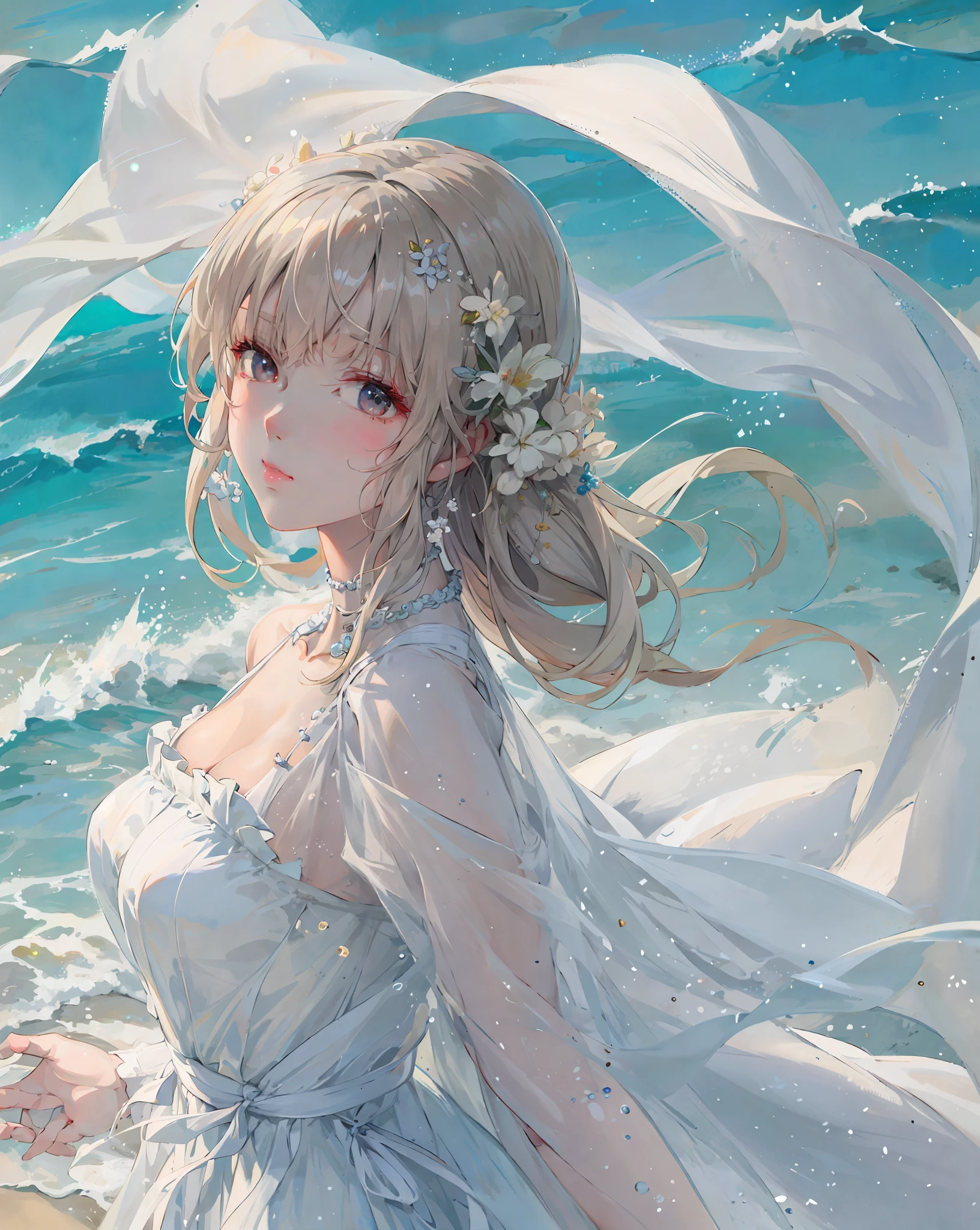 Gemälde einer Frau in einem weißen Kleid am Strand, guweiz on pixiv artstation, artwork in the style of guweiz, guweiz on artstation pixiv, Guweiz, guweiz masterpiece, eine wunderschöne Kunstwerkillustration, Schönes Anime-Porträt, Autor：yanjun chengt, inspiriert von Yanjun Cheng, detaillierte digitale Anime-Kunst