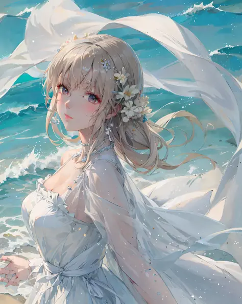painting of a woman in a white dress on the beach, guweiz on pixiv artstation, artwork in the style of guweiz, guweiz on artstat...