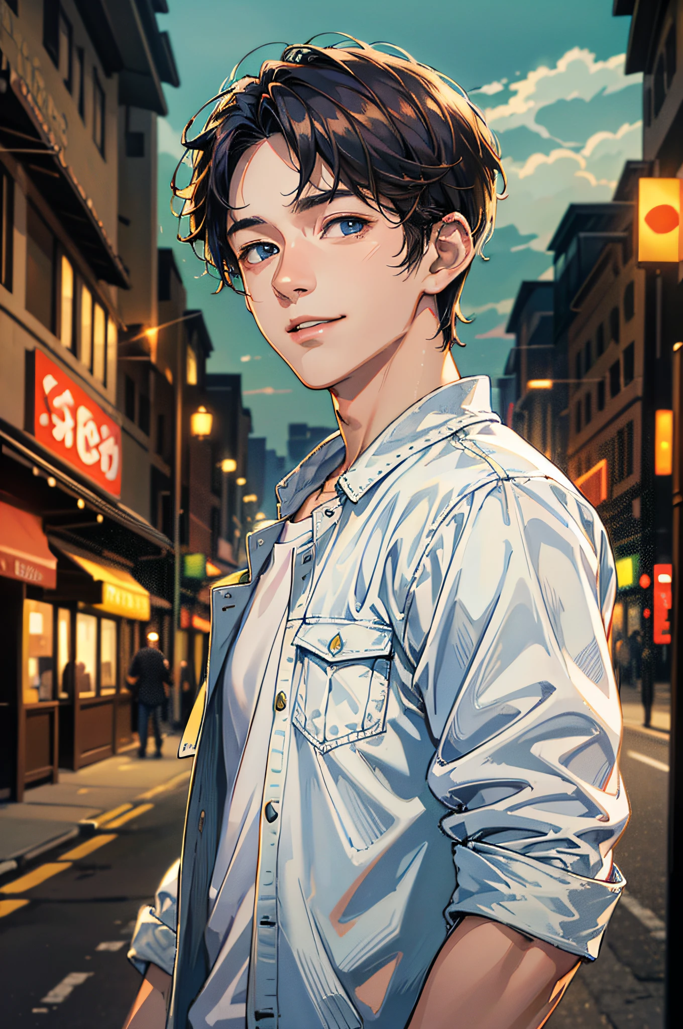 (absurdres, highres, ultra detailed, HDR), masterpiece, best quality, 1boy, handsome, short hair, finely eye and detailed face, (white t-shirt), (jean jacket), dimple, forehead, night street, night city, midnight, selfie shot, light smile
