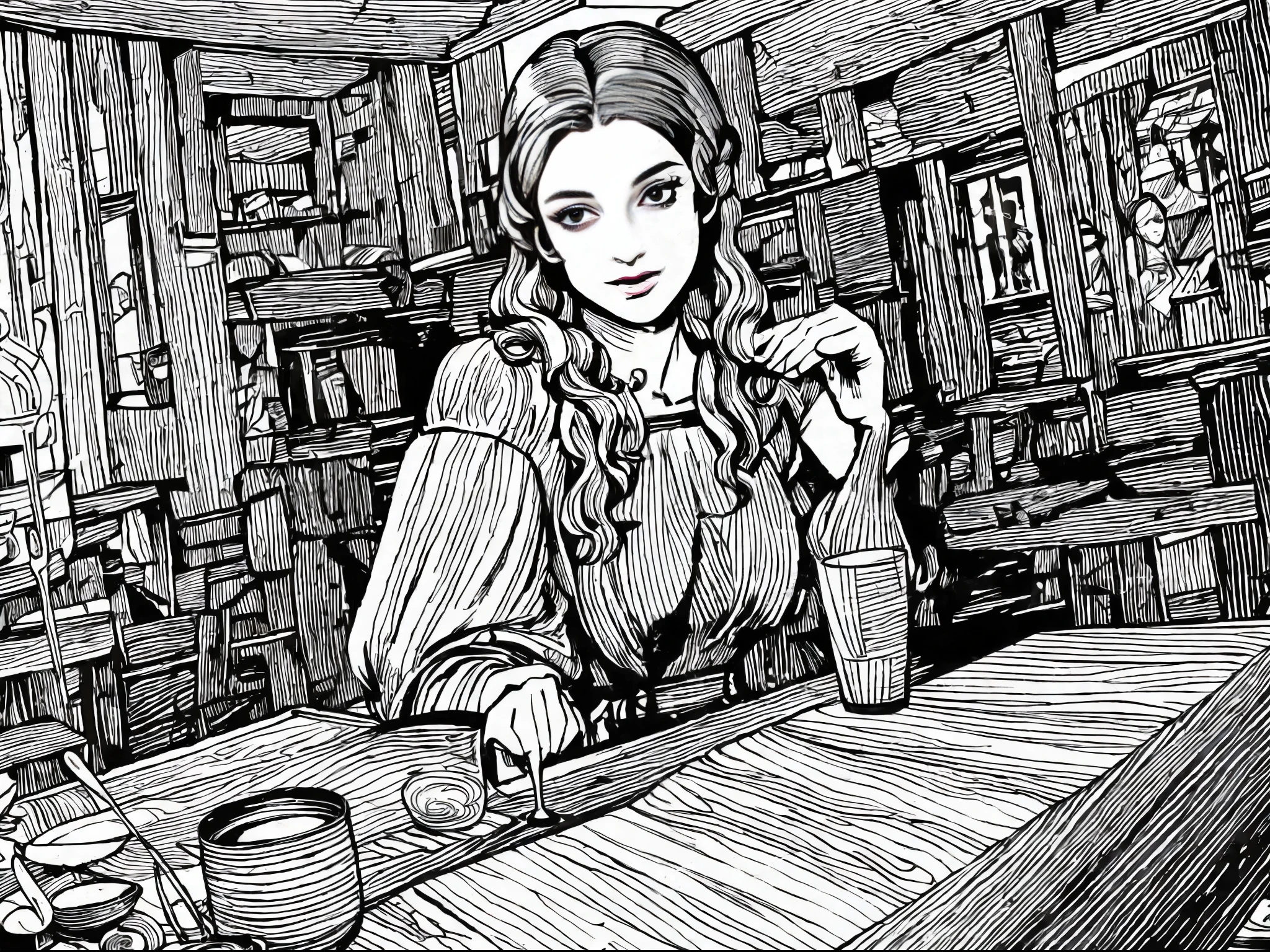 b/w comic style line art illustration, Extremely fine lines，Light to dark intensity ratio，Inside an ancient tavern on medieval England，Gilliae/w line art style, Little beautiful tavern girl，Giant breasts, narrow waist, medieval long dress，Half chest exposed，Holding a wooden wine glass and laughing with a group of male guests，Candle light and shadow，Cinematic lighting，Soft focus effect，Detailed and complex background， Baroque style，Renaissance art ，realistic, Track focus，Fill light， Welcoming atmosphere，Place is dirty，confusion，