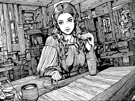b/w comic style line art illustration, Extremely fine lines，Light to dark intensity ratio，Inside an ancient tavern on medieval England，Gilliae/w line art style, Little beautiful tavern girl，Giant breasts, narrow waist, medieval long dress，Half chest expose...