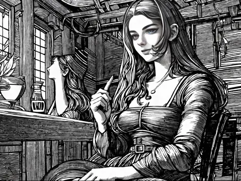 b/w comic style line art illustration, Extremely fine lines，Light to dark intensity ratio，Inside an ancient tavern on medieval England，Gilliae/w line art style, Little beautiful tavern girl，Giant breasts, narrow waist, medieval long dress，Half chest expose...