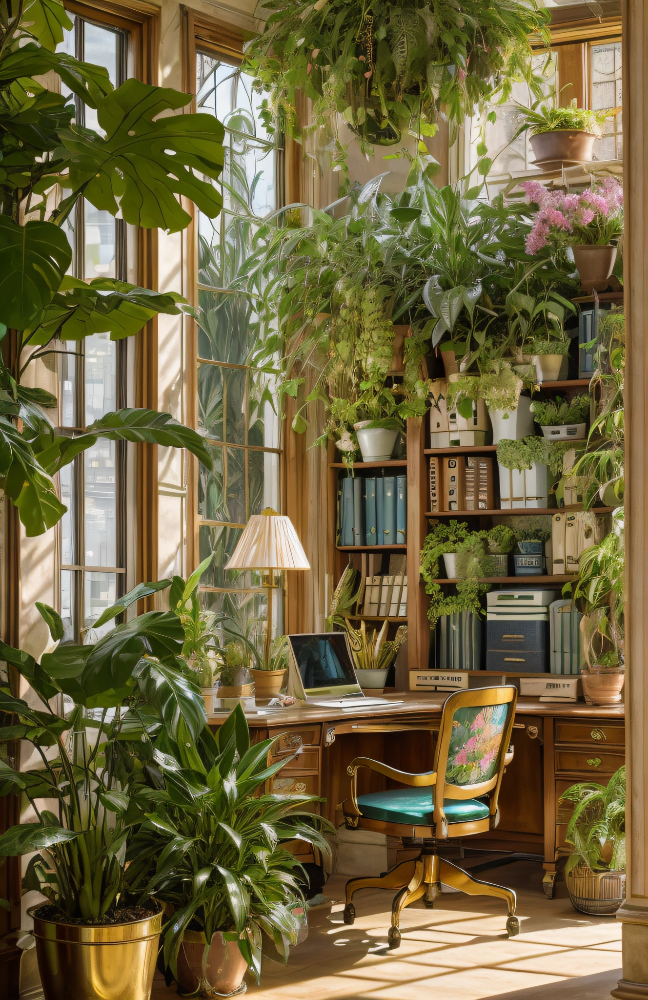 Photo Architectural Digest d&#39;un vert maximaliste {Vague de vapeur/steampunk/solairepunk} ((Bureau à domicile)) avec des fleurs et des plantes, lumière dorée, surréalisme hyperréaliste, Chef-d&#39;œuvre primé avec des détails incroyables, épique époustouflant