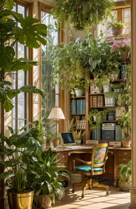 architectural digest photo of a maximalist green {vaporwave/steampunk/solarpunk} ((home office)) with flowers and plants, golden...